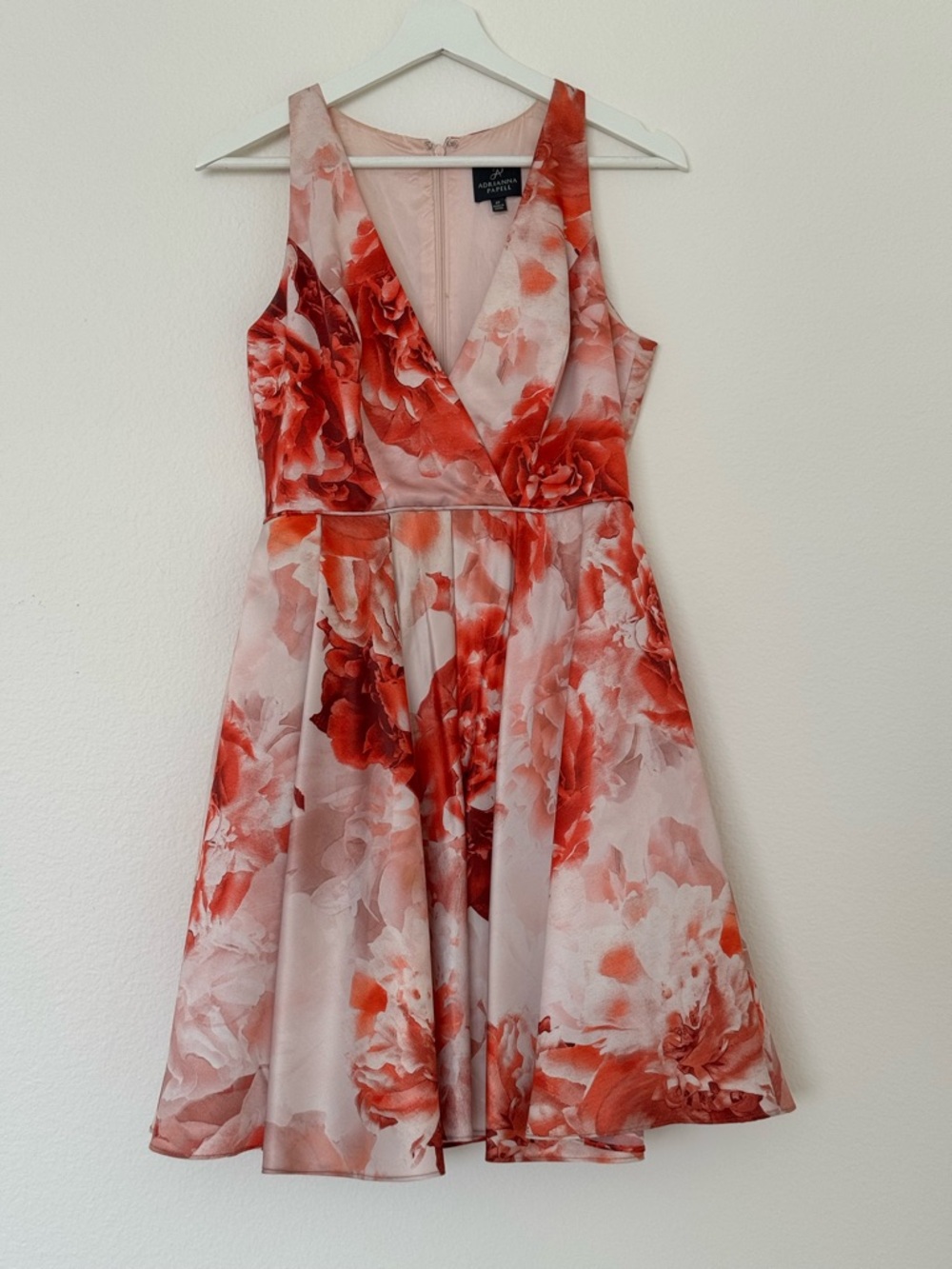 Adrianna Papell Floral Fit Flare Dress 4P Petite Pink Red V Neck